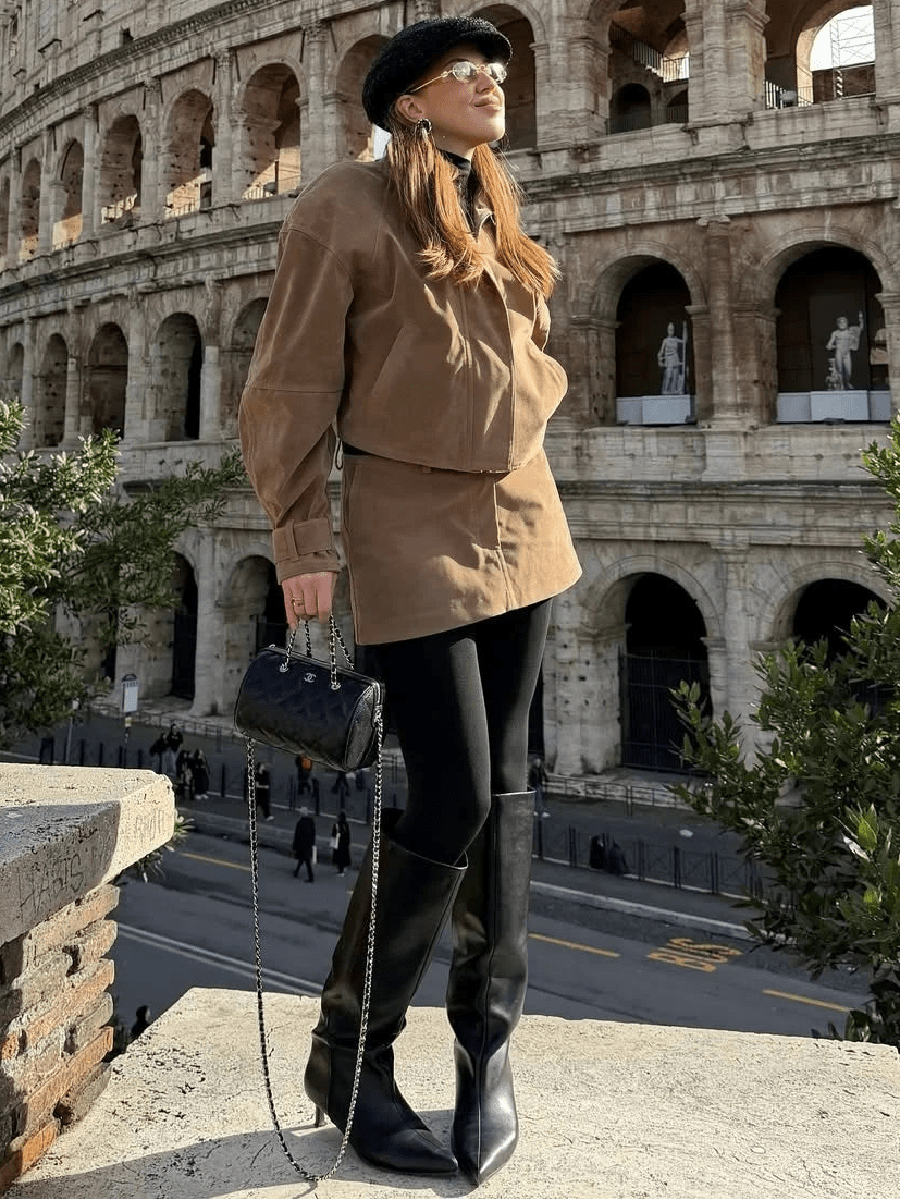 OLANE Suede Cropped Coat Mini Skirt Set Cropped Coat & Mini Skirt SetBrownSWomen's Sets