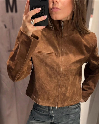 OLANE Suede Stand Collar Zipper Jacket BrownSWomen's Coats & Jackets