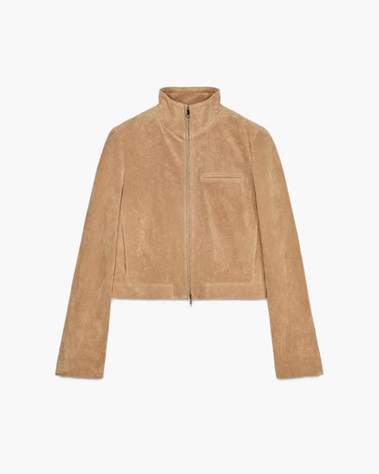 OLANE Suede Stand Collar Zipper Jacket KhakiSWomen's Coats & Jackets