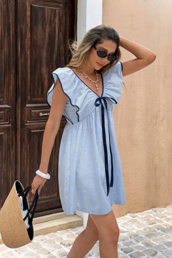 OLANE Tahlia Striped V - Neck Ruffle Mini Dress BlueSDress