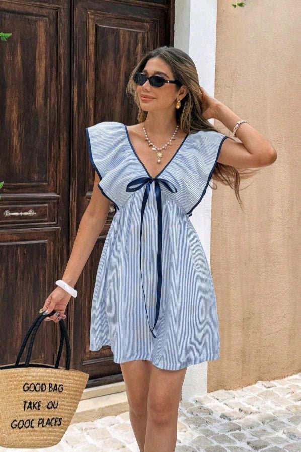 OLANE Tahlia Striped V - Neck Ruffle Mini Dress BlueSDress