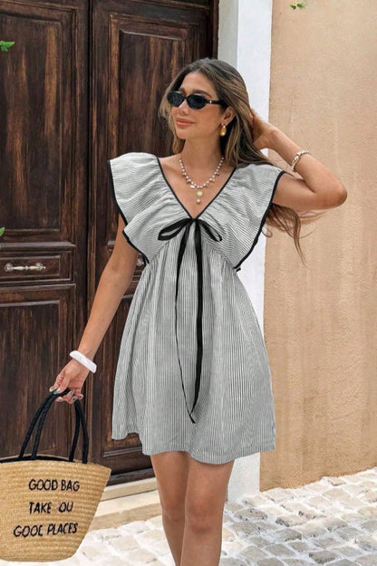 OLANE Tahlia Striped V - Neck Ruffle Mini Dress GreenSDress