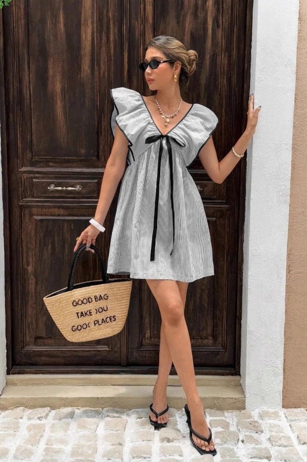 OLANE Tahlia Striped V - Neck Ruffle Mini Dress GreenSDress