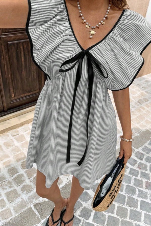 OLANE Tahlia Striped V - Neck Ruffle Mini Dress GreenSDress