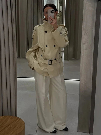 OLANE Tailored Stand Collar Trench Coat BeigeSWomen's Coats & Jackets