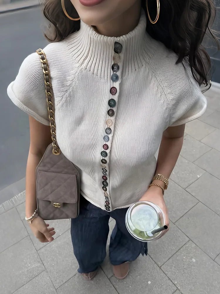 OLANE Turtleneck Ribbed Knit Cardigan Top BeigeSWomen's Sweaters & Cardigans