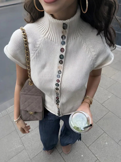 OLANE Turtleneck Ribbed Knit Cardigan Top BeigeSWomen's Sweaters & Cardigans