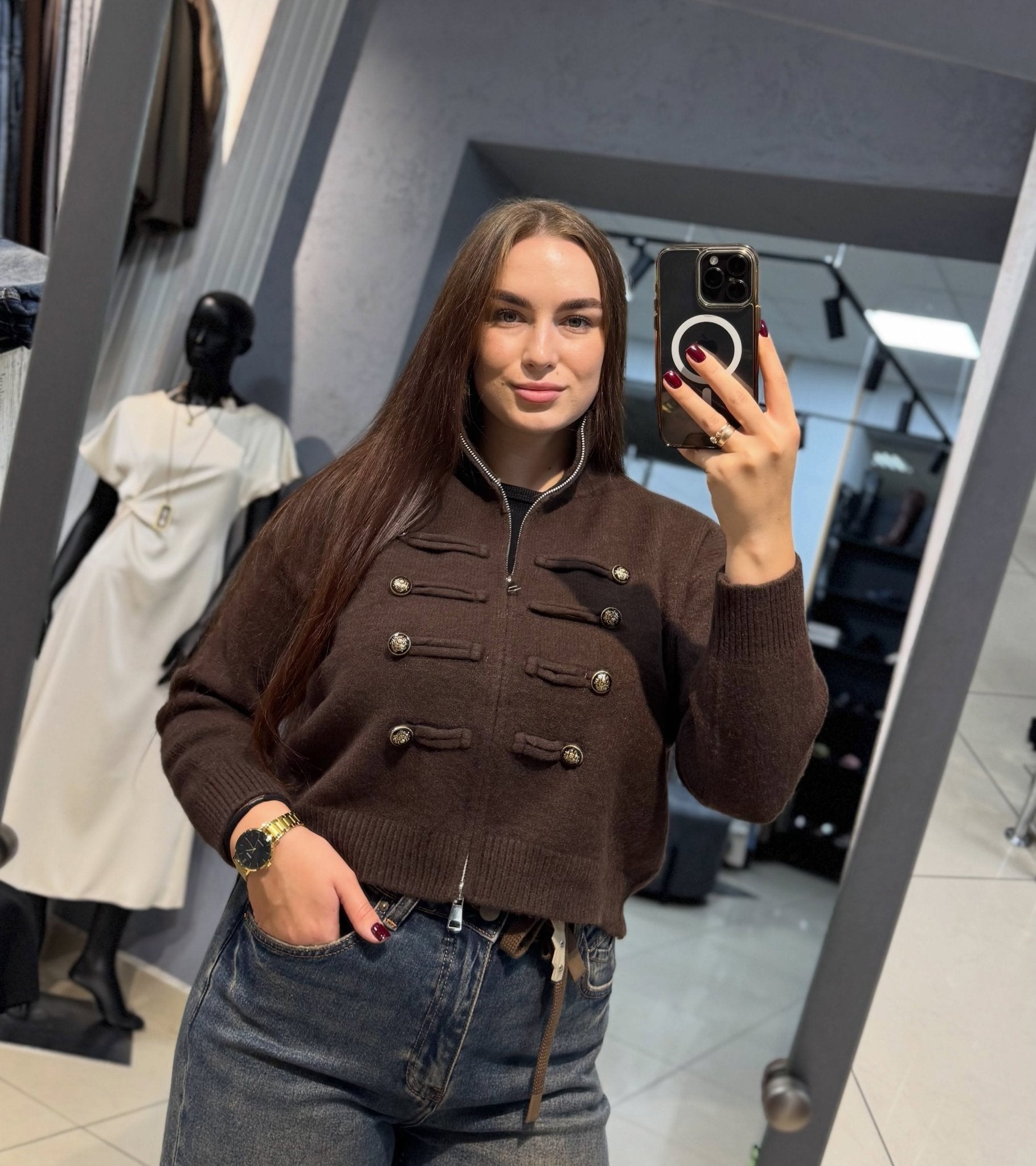 OLANE Turtleneck Zip Knit Cardigan BrownOne sizeWomen's Sweaters & Cardigans