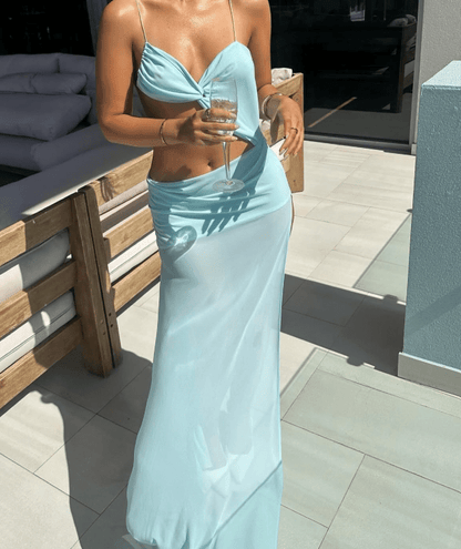 OLANE Twist Cut Out High Slit Maxi Dress BlueSWomen's Dresses