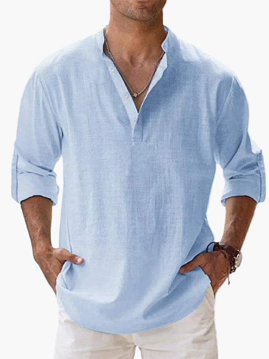 OLANE Vegan Linen Long Sleeve Half Placket Shirt Light BlueSMen's Tops