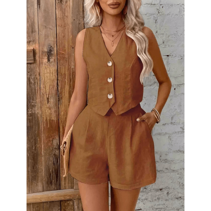 OLANE Vest Cotton Linen Two-Piece Set BrownSWomen's Sets