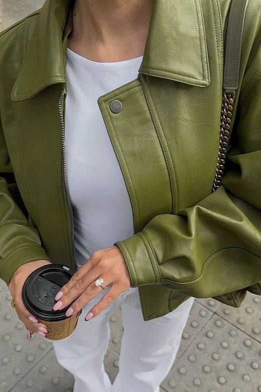 OLANE Vintage Green Faux Leather Jacket GreenMWomen's Coats & Jackets