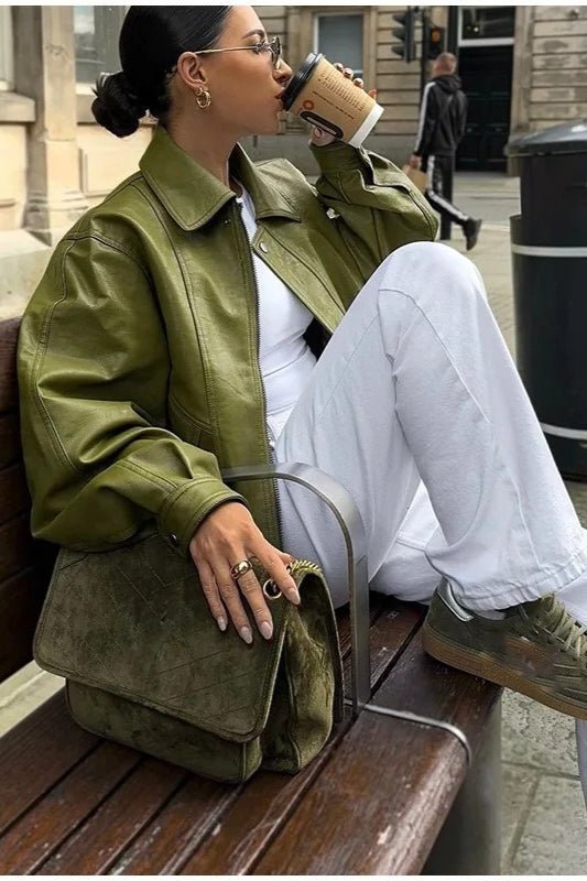 OLANE Vintage Green Faux Leather Jacket GreenSWomen's Coats & Jackets
