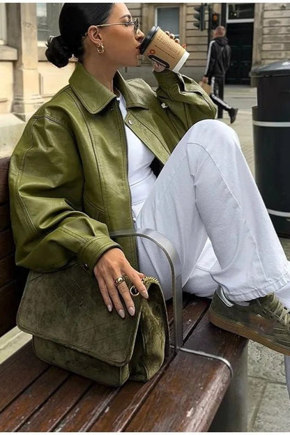 OLANE Vintage Green Faux Leather Jacket GreenSWomen's Coats & Jackets