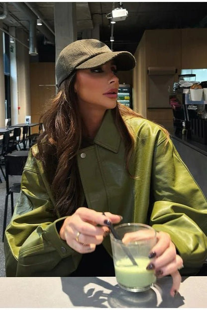 OLANE Vintage Green Faux Leather Jacket GreenSWomen's Coats & Jackets