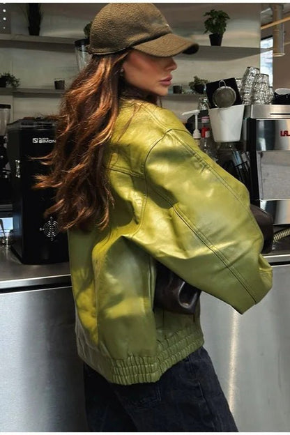 OLANE Vintage Green Faux Leather Jacket GreenSWomen's Coats & Jackets