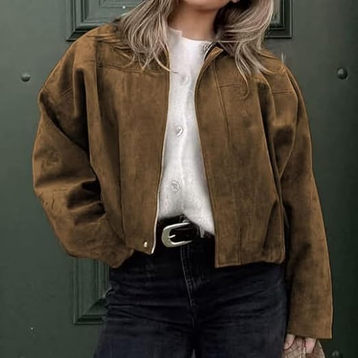 Khakifarbene Jacke in Wildlederoptik im Vintage-Stil