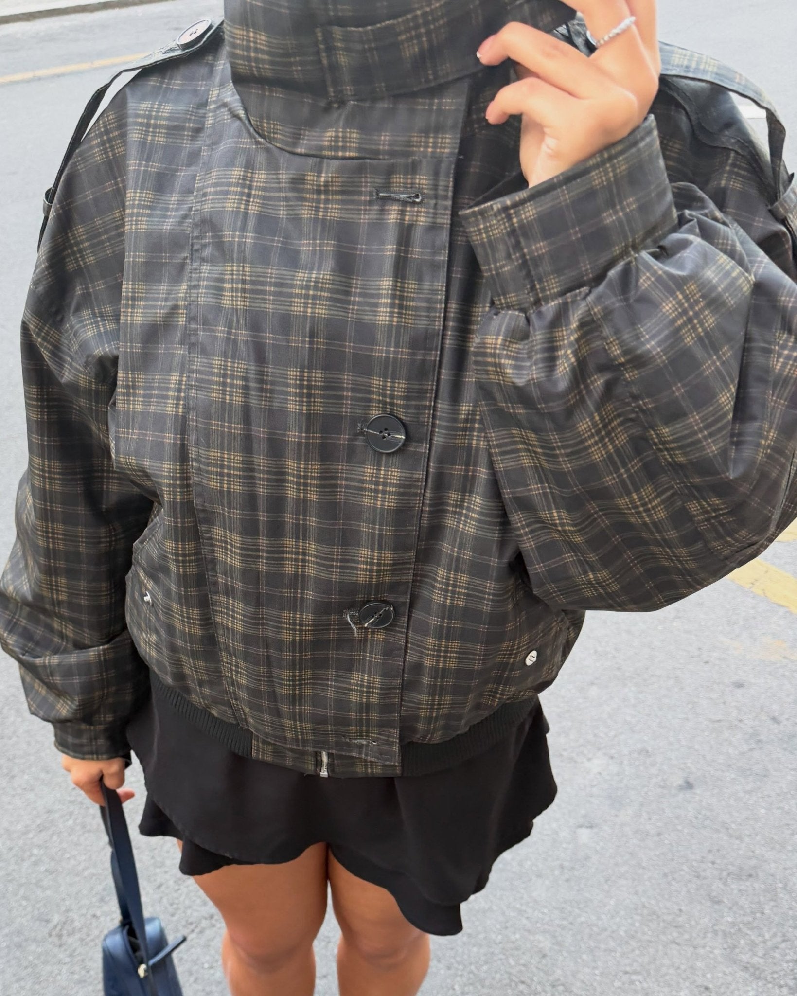 OLANE Vintage Plaid Stand Collar Bomber Jacket XSJacket