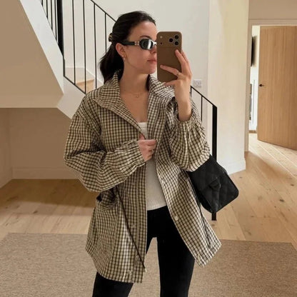 OLANE Vintage Plaid Waist-Cinched Jacket KhakiSWomen's Coats & Jackets