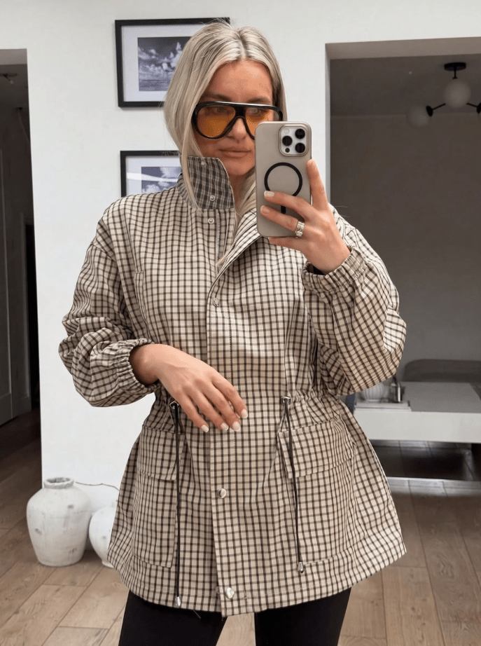 OLANE Vintage Plaid Waist-Cinched Jacket KhakiXSWomen's Coats & Jackets