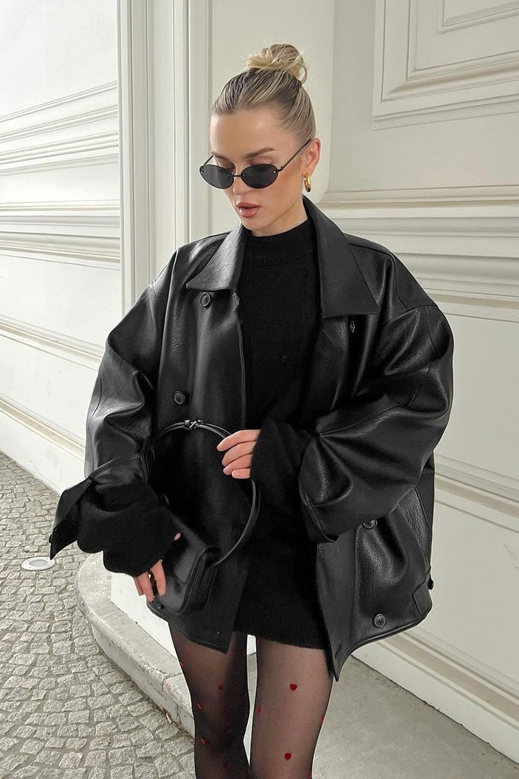 OLANE Vintage Relaxed Faux Leather Coat BlackSWomen's Coats & Jackets