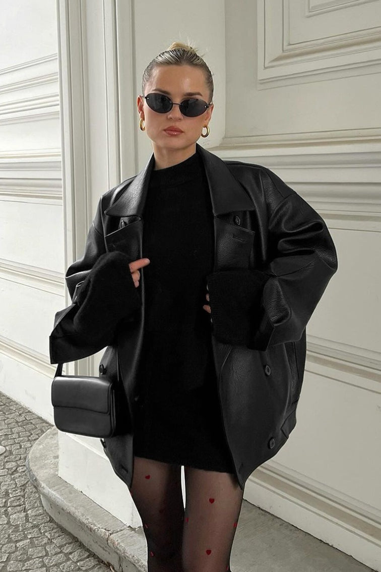 OLANE Vintage Relaxed Faux Leather Coat BlackSWomen's Coats & Jackets
