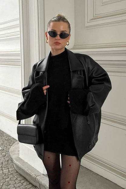 OLANE Vintage Relaxed Faux Leather Coat BlackSWomen's Coats & Jackets