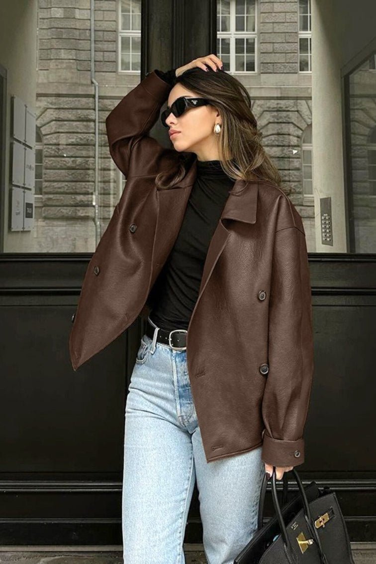 OLANE Vintage Relaxed Faux Leather Coat BrownSWomen's Coats & Jackets