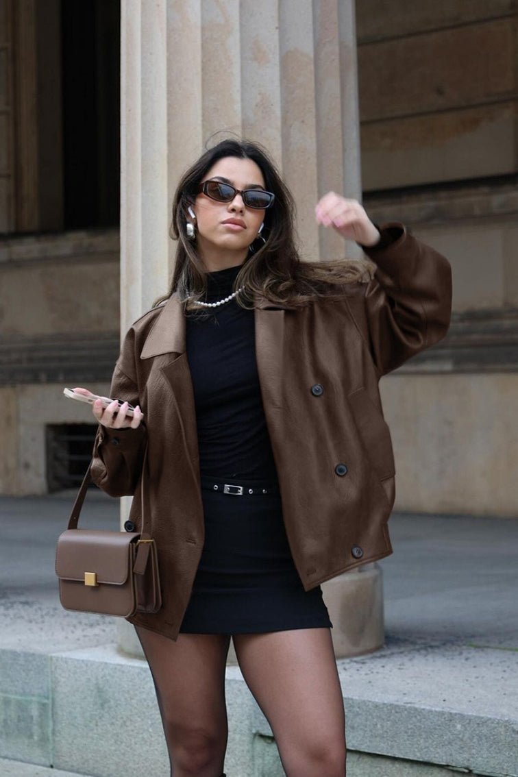 OLANE Vintage Relaxed Faux Leather Coat BrownSWomen's Coats & Jackets