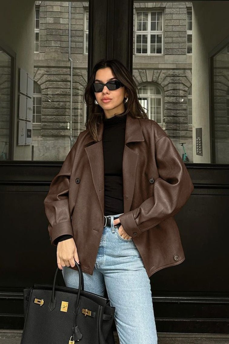 OLANE Vintage Relaxed Faux Leather Coat BrownSWomen's Coats & Jackets