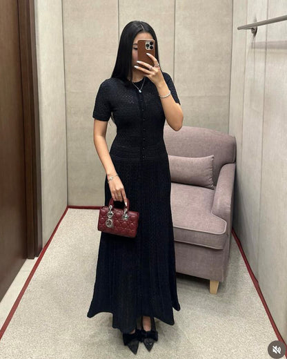 OLANE Viviana Half Button Knitted Midi Dress BlackXSDress