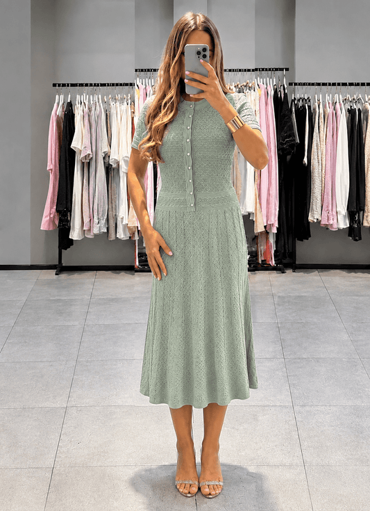 OLANE Viviana Half Button Knitted Midi Dress Mint GreenXSWomen's Dresses