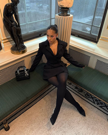 OLANE Waist-Cinched Deep V-Neck Blazer Dress BlackSWomen's Dresses