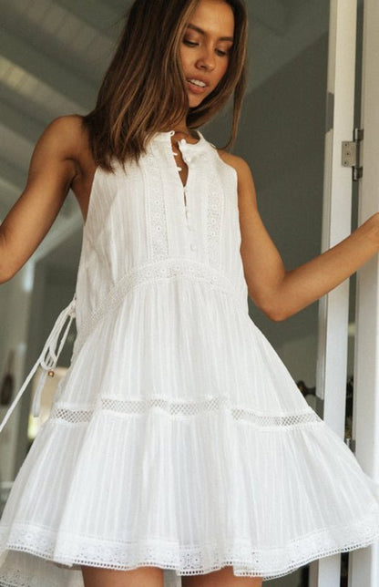 OLANE White Boho Sleeveless Mini Dress WhiteSWomen's Dresses