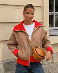 Cardigan Color Block con Colletto Largo in Costine