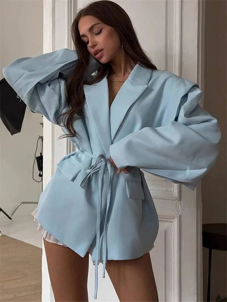 OLANE Wide Sleeve Belted Blazer BlueSWomen’s Jackets & Coats