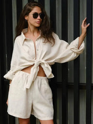 Yui Lapel Lantern Sleeve Shorts Set