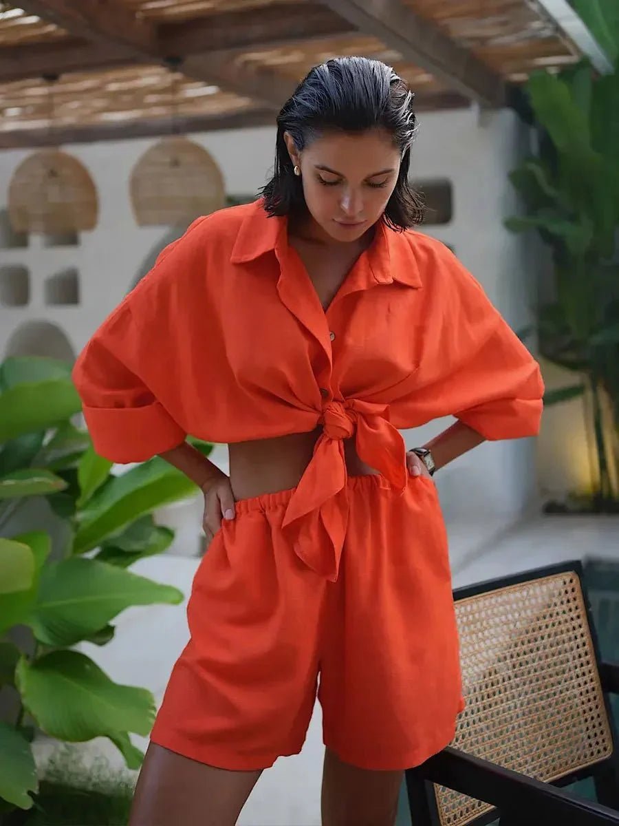 OLANE Yui Lapel Lantern Sleeve Shorts Set OrangeSShorts