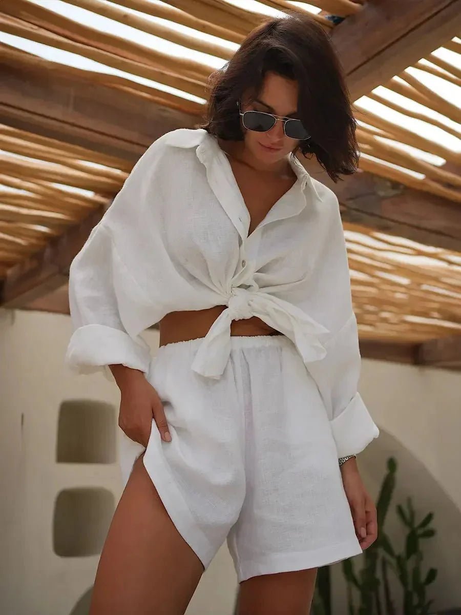 OLANE Yui Lapel Lantern Sleeve Shorts Set WhiteSShorts