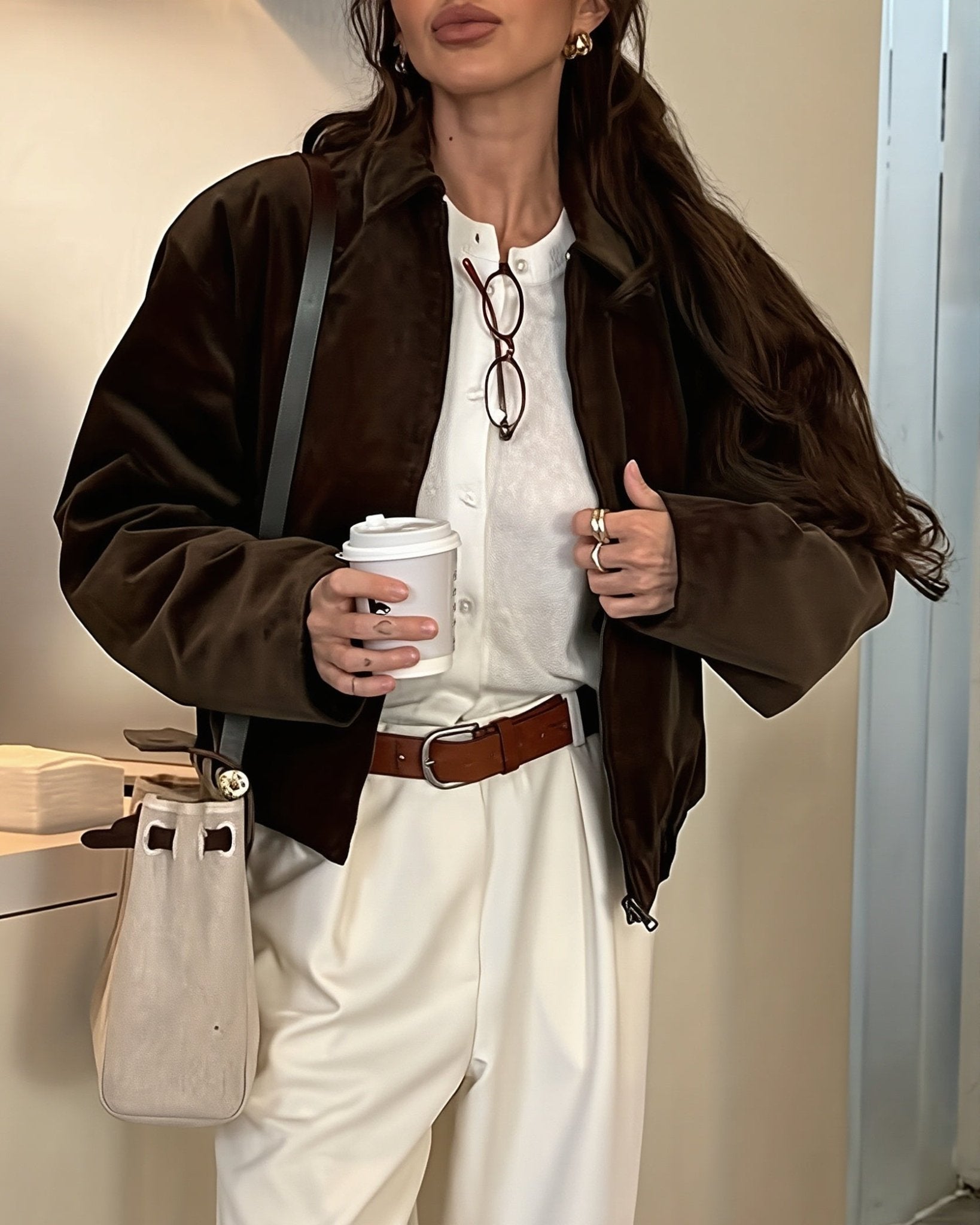 OLANE Zip Up Corduroy Bomber Jacket Coffee BrownSJacket
