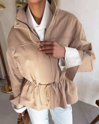 OLANE Zip-Up Drawstring Stand Collar Jacket BeigeLWomen's Coats & Jackets