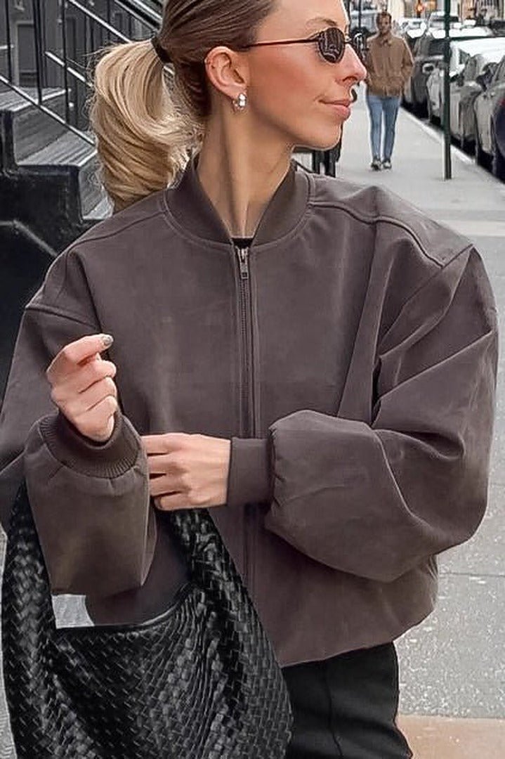 OLANE Zip-Up Suede Bomber Jacket GreyMWomen's Coats & Jackets