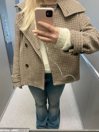 Funnel Neck Houndstooth Short Jacket