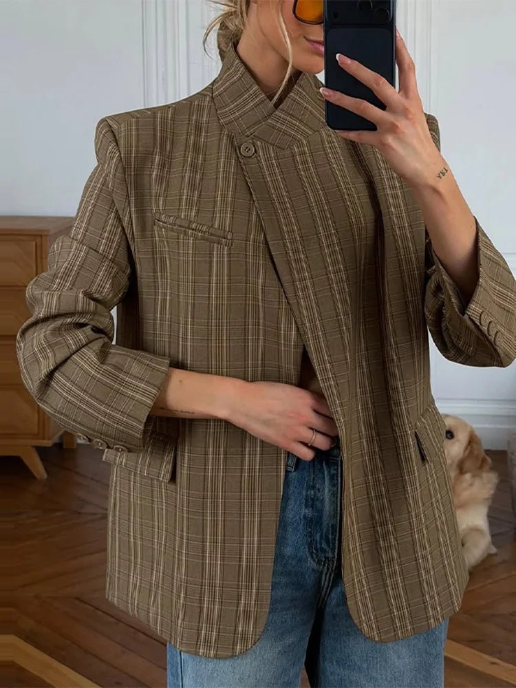 Blazer chic à carreaux col montant
