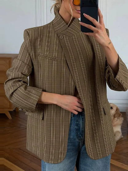 Blazer chic à carreaux col montant