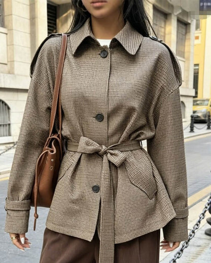 Classic Houndstooth Lace-Up Blazer