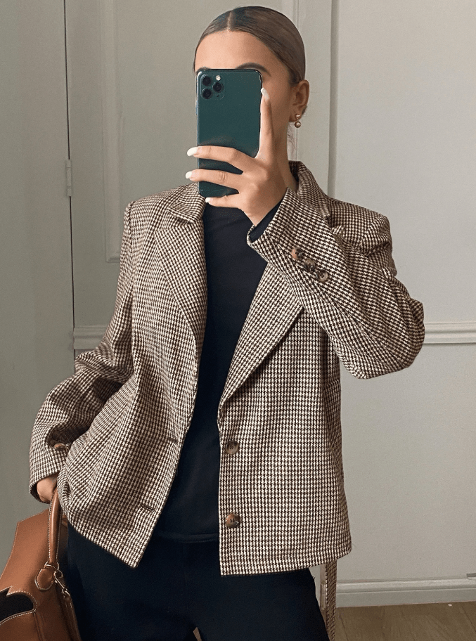 Classic Houndstooth Lace-Up Blazer