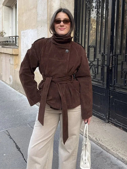 Stylish Funnel Faux Suede Trench Coat