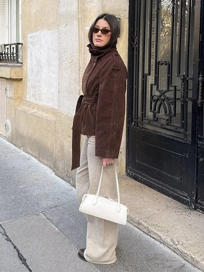 Stylish Funnel Faux Suede Trench Coat