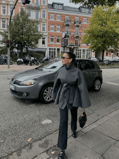 Belted High Neck Cape Jacket